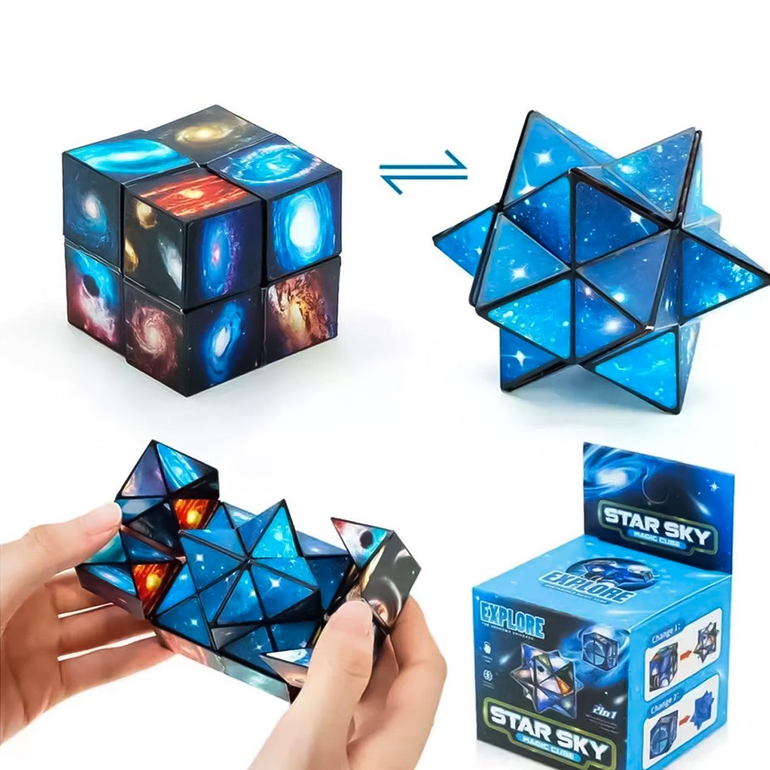 Changeable Magnetic Magic Cube - 3D Hand Flip Puzzle Anti Stress Gift Toys Blue Stars 2 in 1 Christmas Toys - Tophatter Daily Deals