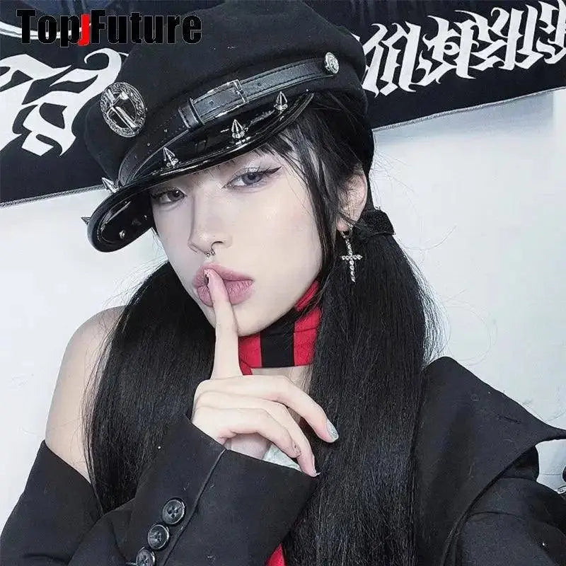 Harajuku Gothic Lolita Hat Women Punk Chain Subculture Spice Girl spike Rivet Cap Hat Female Y2K Girls Accessories Lace Cap - Tophatter Daily Deals