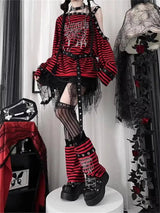 Harajuku Punk Striped Print T Shirts Y2K Gothic Girls off Shoulder - Tophatter Daily Deals