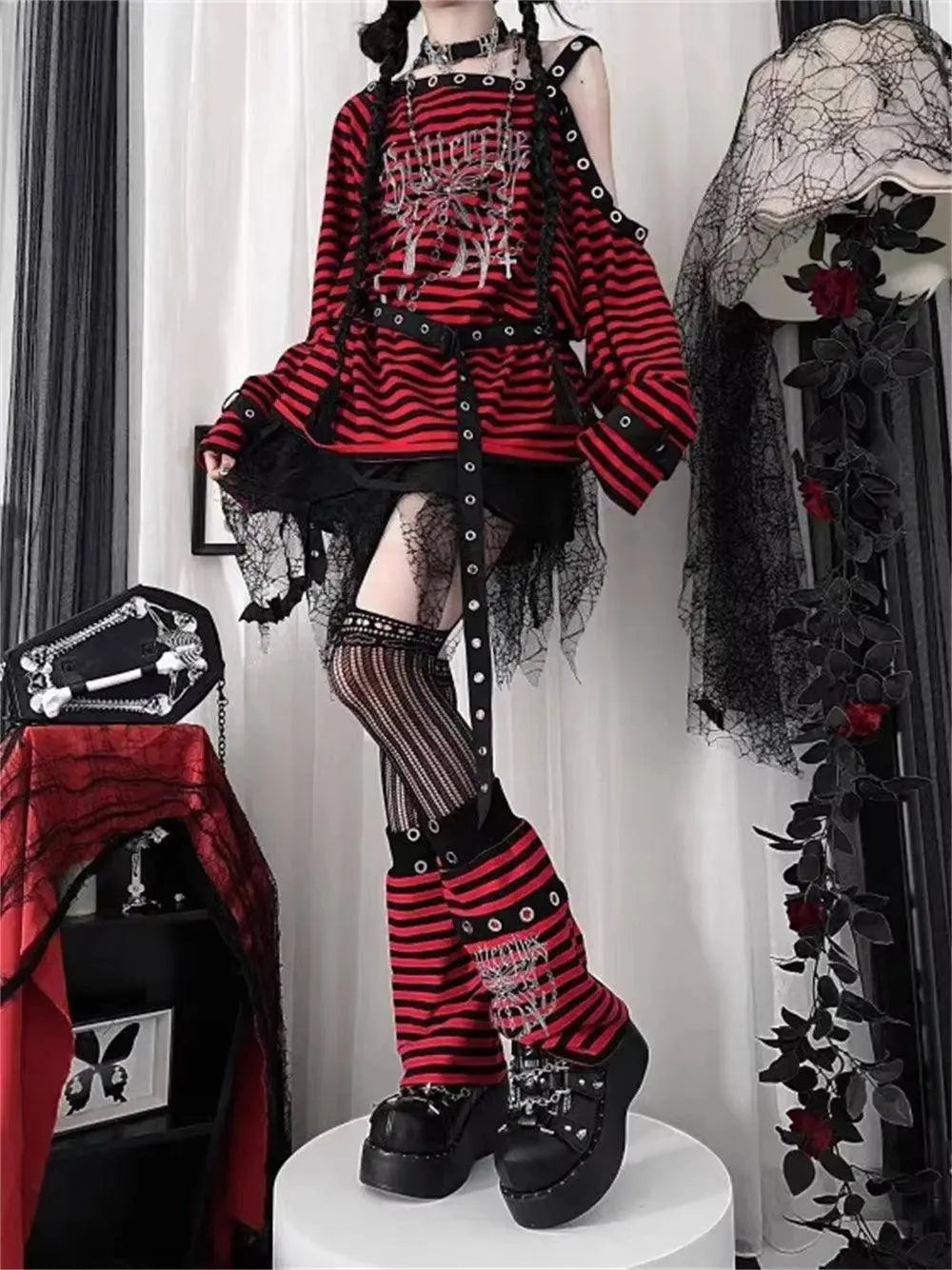 Harajuku Punk Striped Print T Shirts Y2K Gothic Girls off Shoulder - Tophatter Daily Deals
