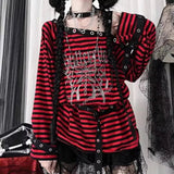 Harajuku Punk Striped Print T Shirts Y2K Gothic Girls off Shoulder Just Tops Red One Size - Tophatter Daily Deals