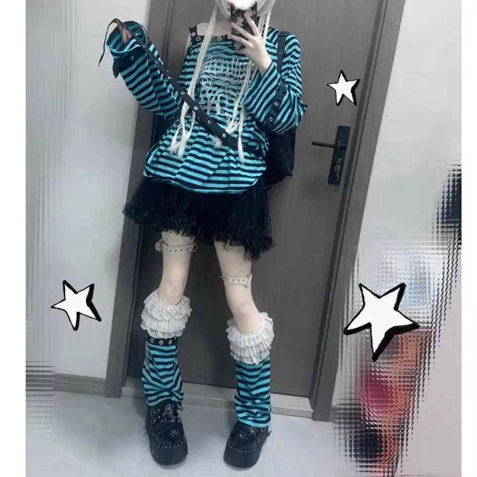 Harajuku Punk Striped Print T Shirts Y2K Gothic Girls off Shoulder Top And Leg Warmer One Size - Tophatter Daily Deals