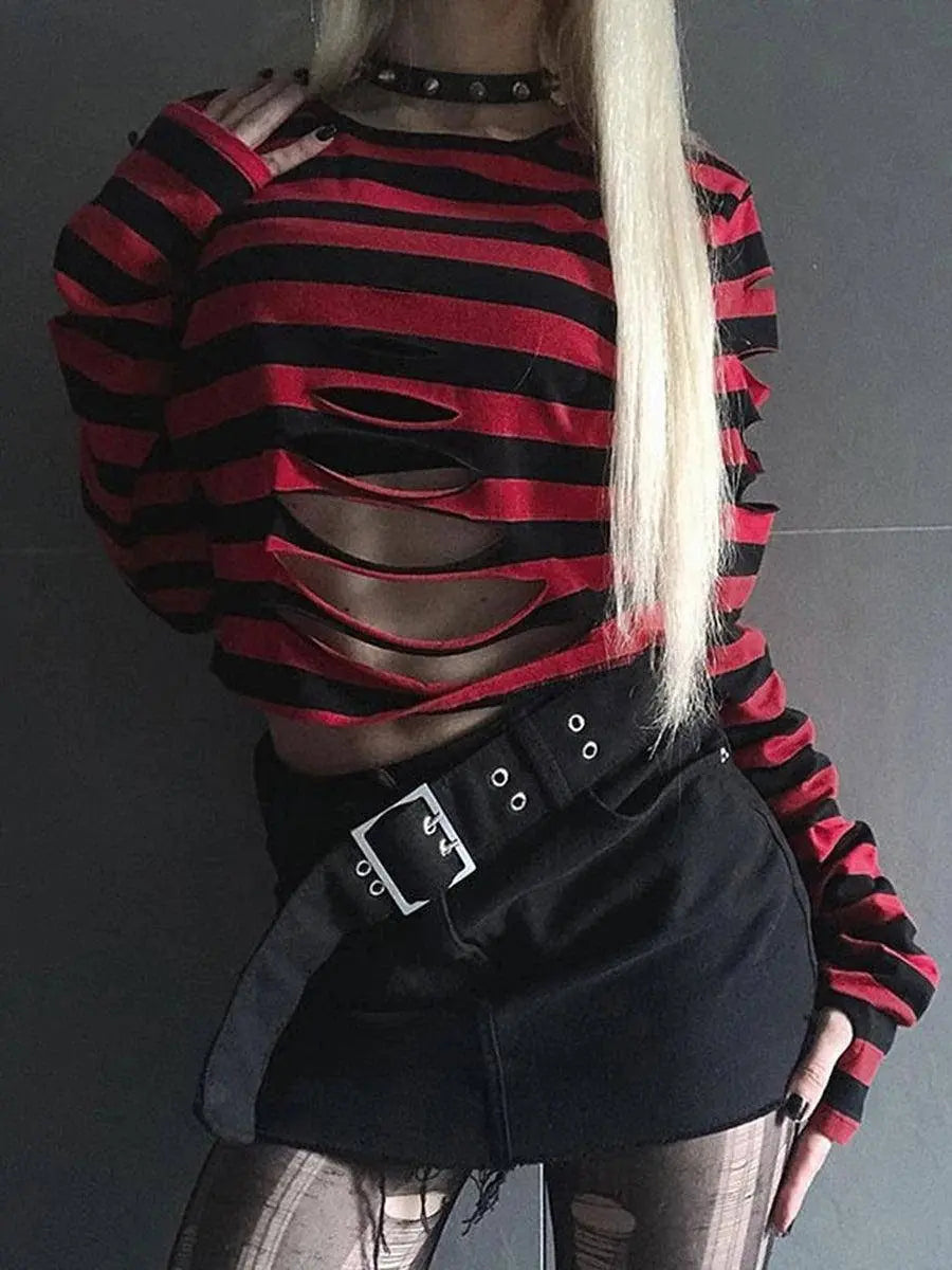 Harajuku Punk Style Crop Tops Dark Academia Striped Hollow Out T Shirt Cyber Mall Goth E-girl Long Sleeve Tees Grunge Clothes - Tophatter Daily Deals
