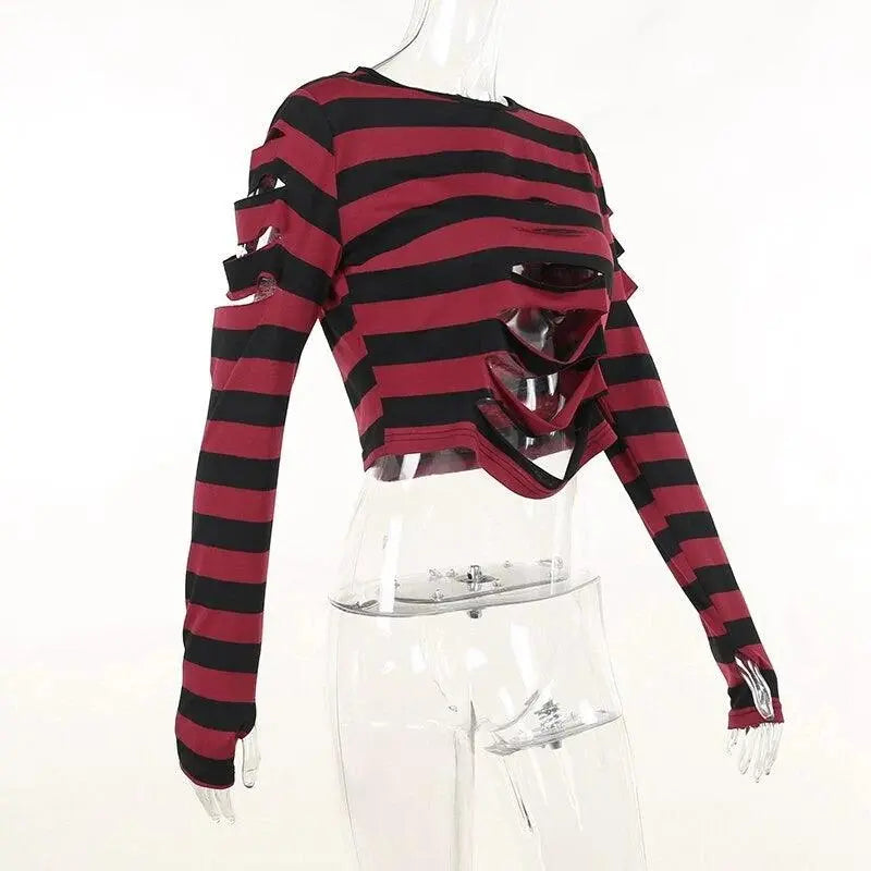 Harajuku Punk Style Crop Tops Dark Academia Striped Hollow Out T Shirt Cyber Mall Goth E-girl Long Sleeve Tees Grunge Clothes - Tophatter Daily Deals