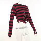 Harajuku Punk Style Crop Tops Dark Academia Striped Hollow Out T Shirt Cyber Mall Goth E-girl Long Sleeve Tees Grunge Clothes - Tophatter Daily Deals