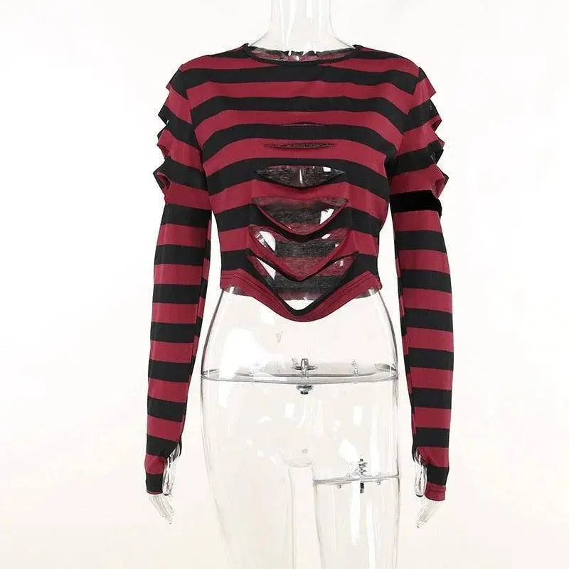 Harajuku Punk Style Crop Tops Dark Academia Striped Hollow Out T Shirt Cyber Mall Goth E-girl Long Sleeve Tees Grunge Clothes - Tophatter Daily Deals