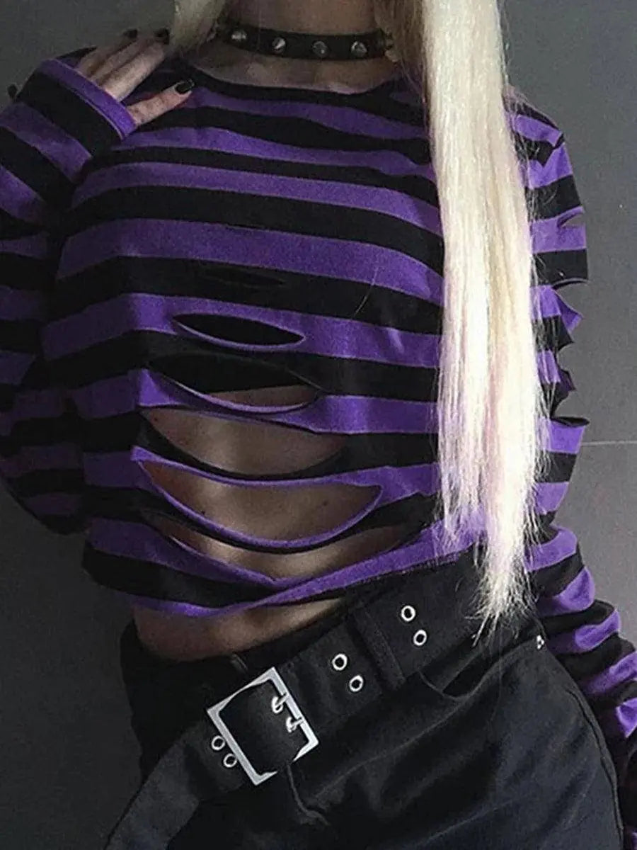 Harajuku Punk Style Crop Tops Dark Academia Striped Hollow Out T Shirt Cyber Mall Goth E-girl Long Sleeve Tees Grunge Clothes - Tophatter Daily Deals