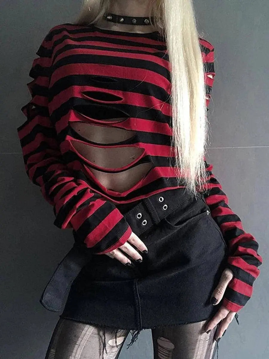 Harajuku Punk Style Crop Tops Dark Academia Striped Hollow Out T Shirt Cyber Mall Goth E-girl Long Sleeve Tees Grunge Clothes Red - Tophatter Daily Deals