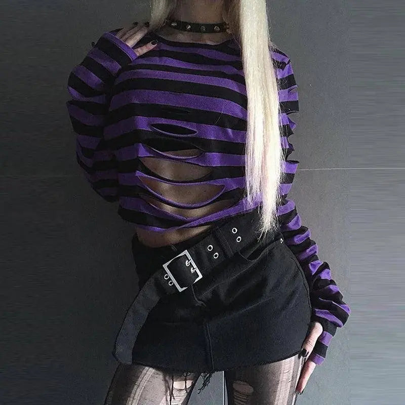 Harajuku Punk Style Crop Tops Dark Academia Striped Hollow Out T Shirt Cyber Mall Goth E-girl Long Sleeve Tees Grunge Clothes - Tophatter Daily Deals