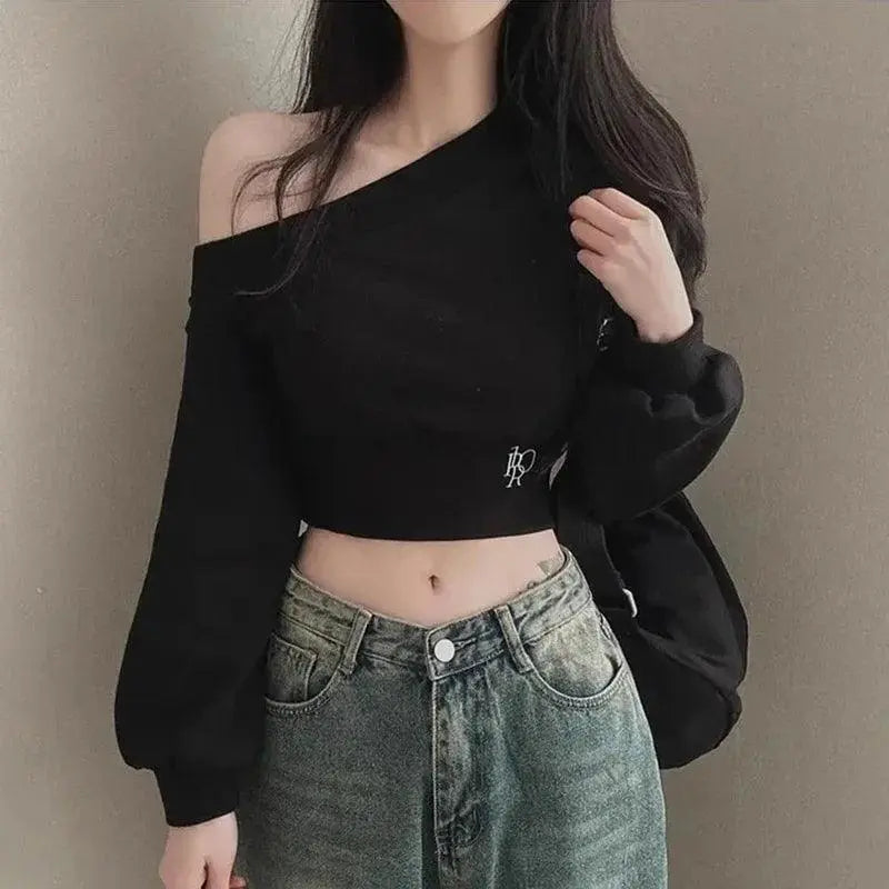Harajuku Women Irregular Off Shoulder Hoodies Long Sleeve Sexy Crop Tops Y2k Streetwear Pullovers Sweatshirt 2025 Autumn Winter black - Tophatter Daily Deals