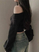 Harajuku Women Irregular Off Shoulder Hoodies Long Sleeve Sexy Crop Tops Y2k Streetwear Pullovers Sweatshirt 2025 Autumn Winter - Tophatter Daily Deals