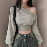 Harajuku Women Irregular Off Shoulder Hoodies Long Sleeve Sexy Crop Tops Y2k Streetwear Pullovers Sweatshirt 2025 Autumn Winter GRAY - Tophatter Daily Deals