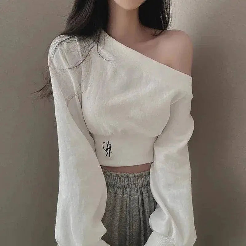 Harajuku Women Irregular Off Shoulder Hoodies Long Sleeve Sexy Crop Tops Y2k Streetwear Pullovers Sweatshirt 2025 Autumn Winter WHITE - Tophatter Daily Deals