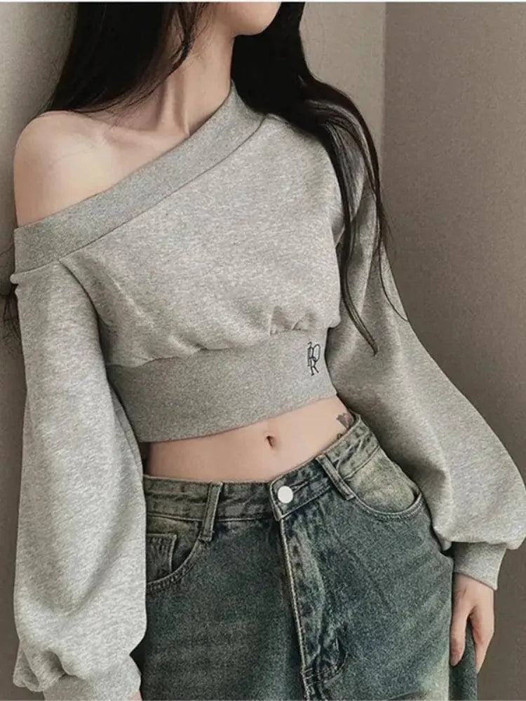 Harajuku Women Irregular Off Shoulder Hoodies Long Sleeve Sexy Crop Tops Y2k Streetwear Pullovers Sweatshirt 2025 Autumn Winter - Tophatter Daily Deals