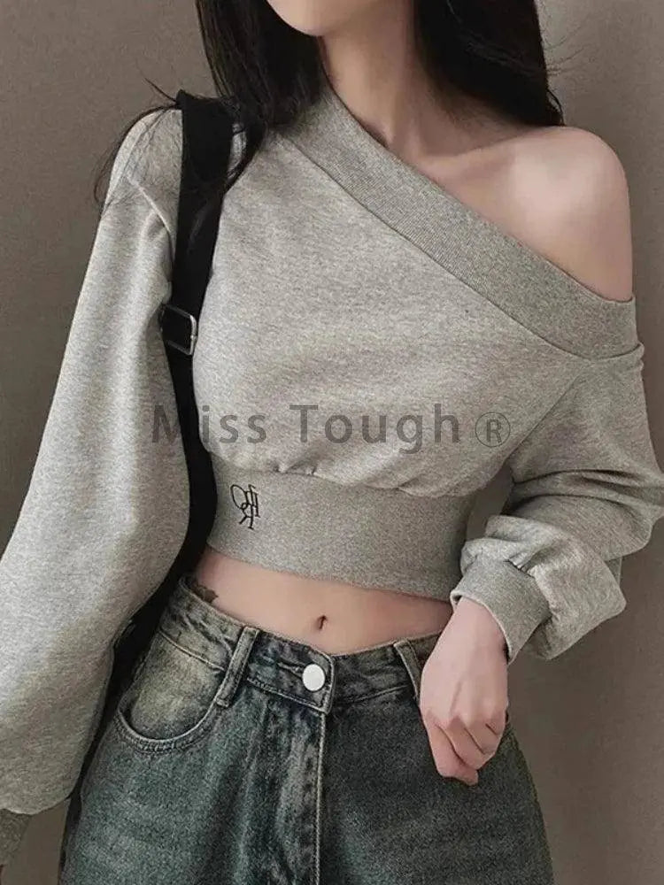 Harajuku Women Irregular Off Shoulder Hoodies Long Sleeve Sexy Crop Tops Y2k Streetwear Pullovers Sweatshirt 2025 Autumn Winter - Tophatter Daily Deals