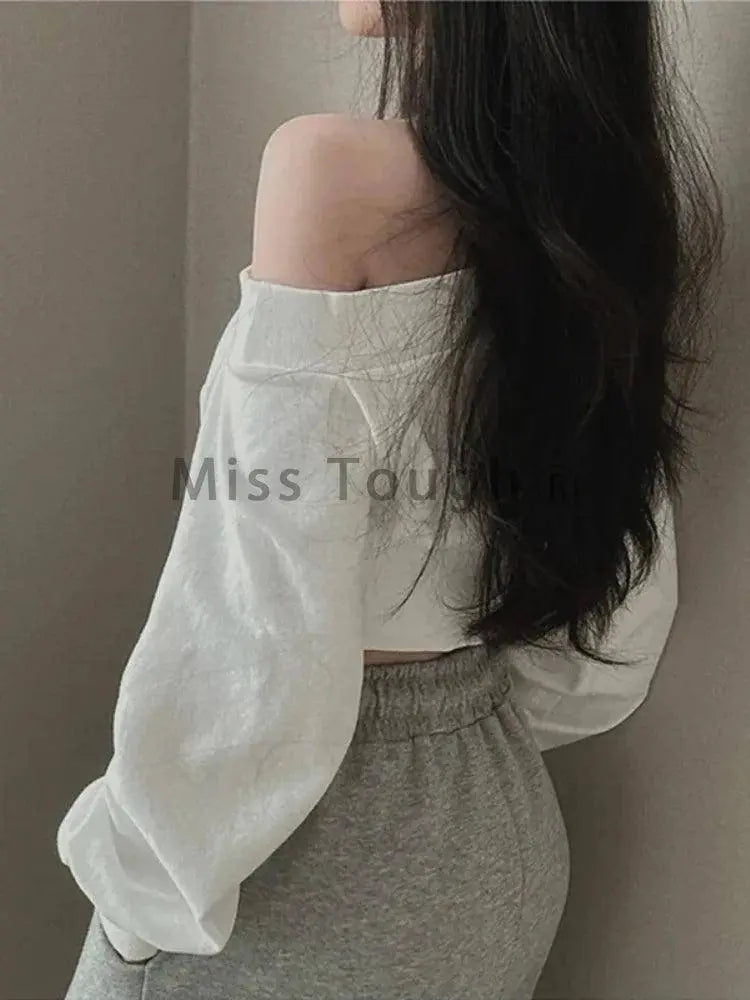Harajuku Women Irregular Off Shoulder Hoodies Long Sleeve Sexy Crop Tops Y2k Streetwear Pullovers Sweatshirt 2025 Autumn Winter - Tophatter Daily Deals