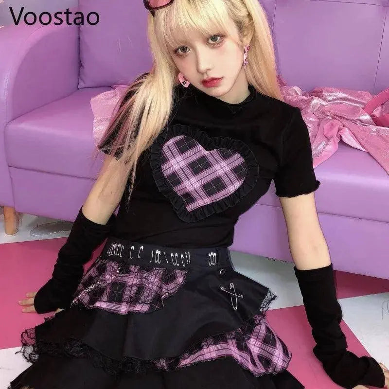 Harajuku Y2K Summer Short Sleeve Tshirt Gothic Women Kawaii Plaid Heart Ruffles Punk T-Shirts Female Streetwear Hip Hop Tee Tops - Tophatter Daily Deals