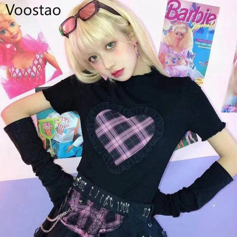 Harajuku Y2K Summer Short Sleeve Tshirt Gothic Women Kawaii Plaid Heart Ruffles Punk T-Shirts Female Streetwear Hip Hop Tee Tops - Tophatter Daily Deals