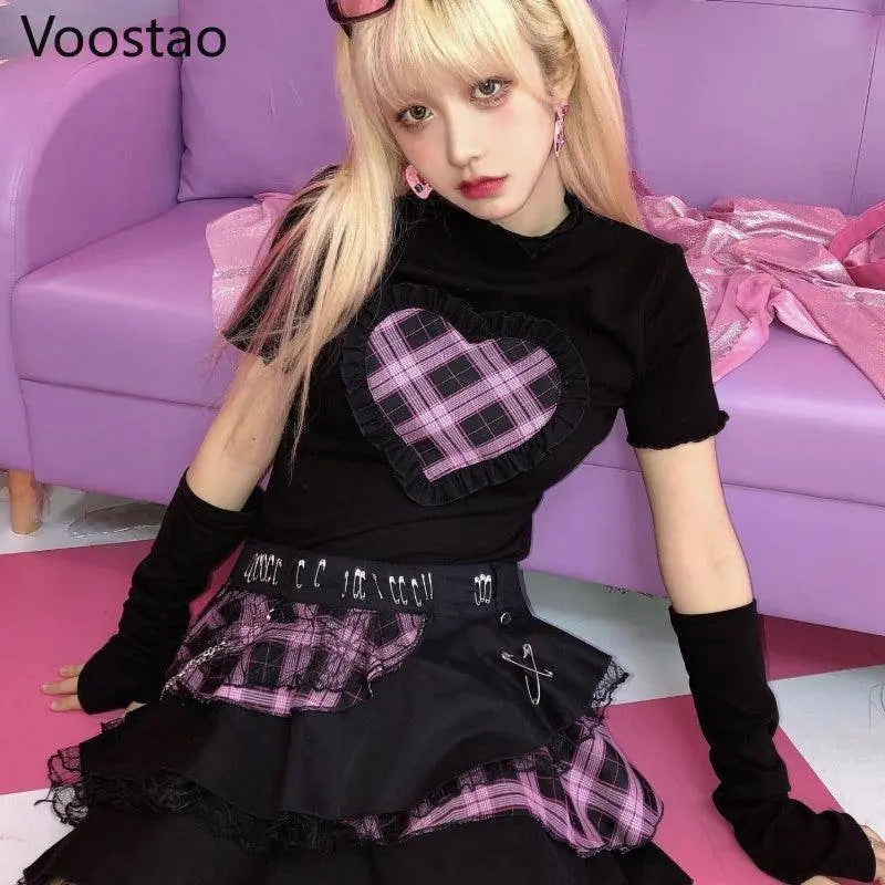 Harajuku Y2K Summer Short Sleeve Tshirt Gothic Women Kawaii Plaid Heart Ruffles Punk T-Shirts Female Streetwear Hip Hop Tee Tops - Tophatter Daily Deals