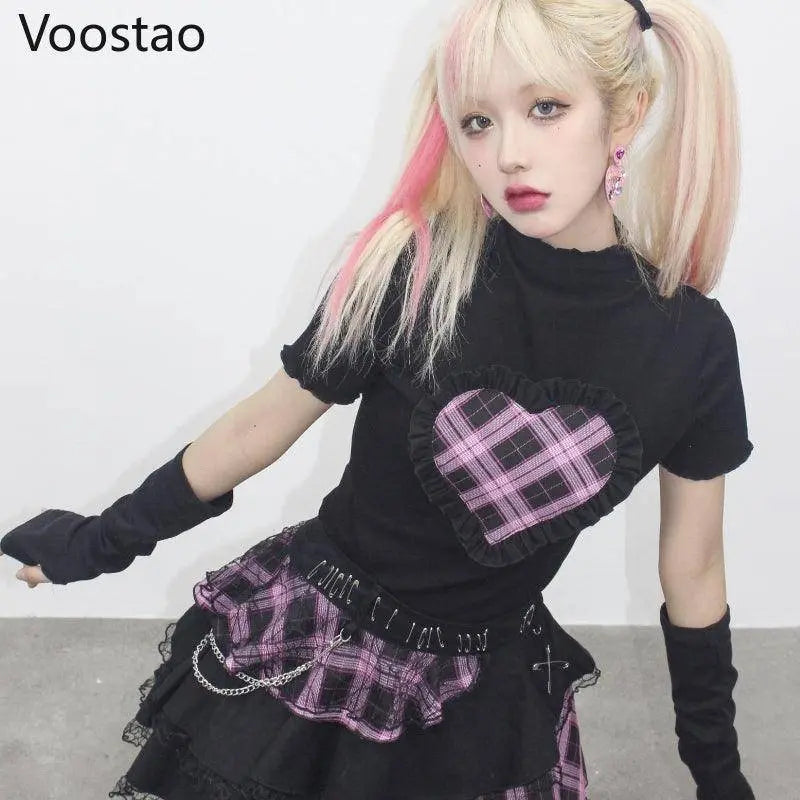 Harajuku Y2K Summer Short Sleeve Tshirt Gothic Women Kawaii Plaid Heart Ruffles Punk T-Shirts Female Streetwear Hip Hop Tee Tops - Tophatter Daily Deals