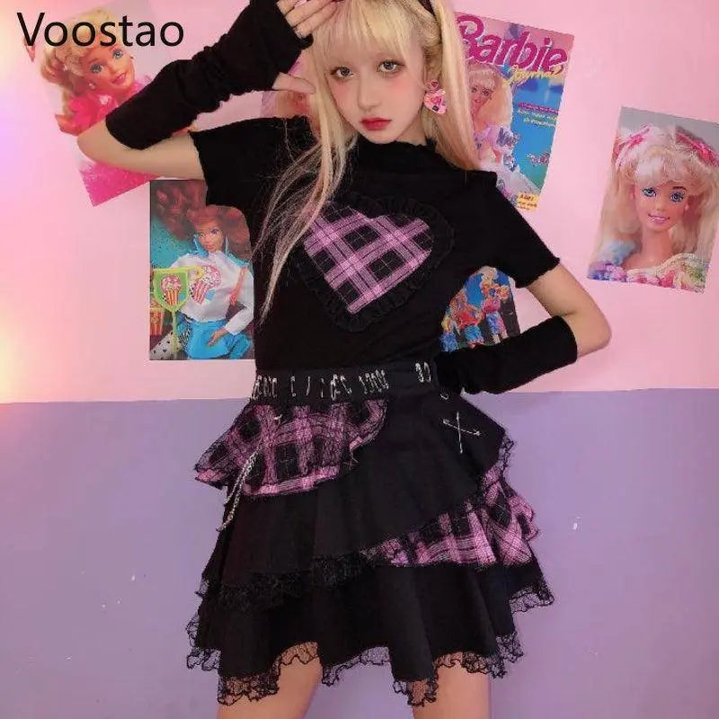 Harajuku Y2K Summer Short Sleeve Tshirt Gothic Women Kawaii Plaid Heart Ruffles Punk T-Shirts Female Streetwear Hip Hop Tee Tops - Tophatter Daily Deals
