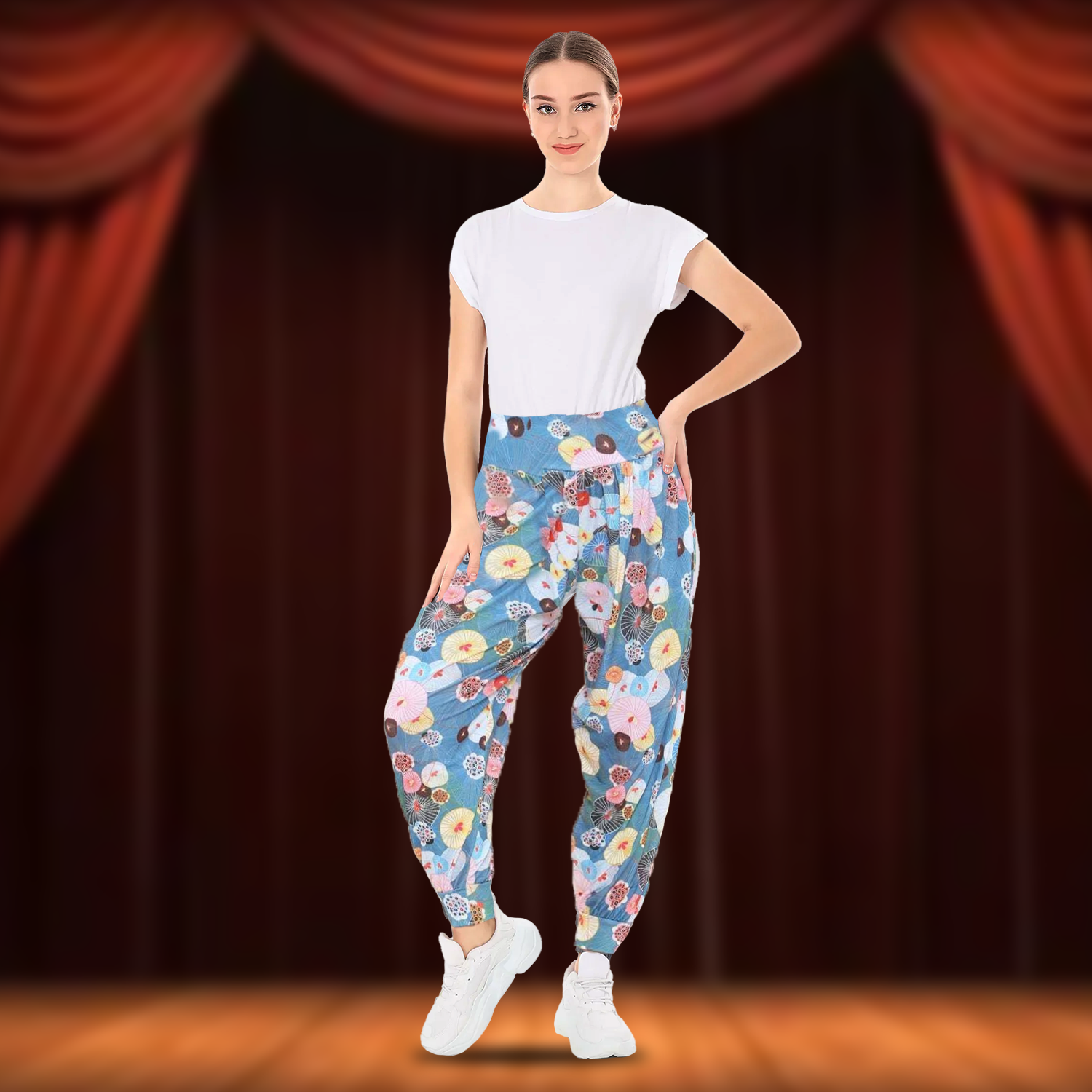 Women's Harem Trousers – Relaxed Fit Printed Pants for Yoga, Festival & Streetwear Looks Light Blue Floral Clothing - Tophatter Daily Deals