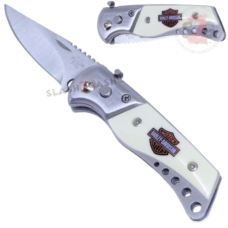Small Switchblade Automatic Knife w/ Safety Lock - Asst. colors Harley Davidson - Ivory Knife-Auto - Tophatter Daily Deals