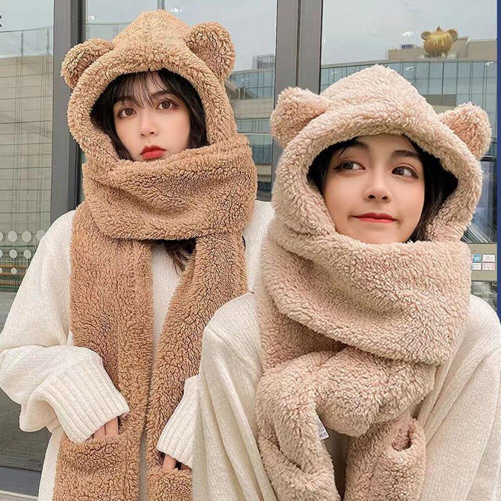 Womens Hat Scarf and Gloves Set - Cute Hat Scarf Gloves 3 In 1 Set Bear Ear Fleece Winter Warm Hooded Earflap Girl Clothing - Tophatter Daily Deals