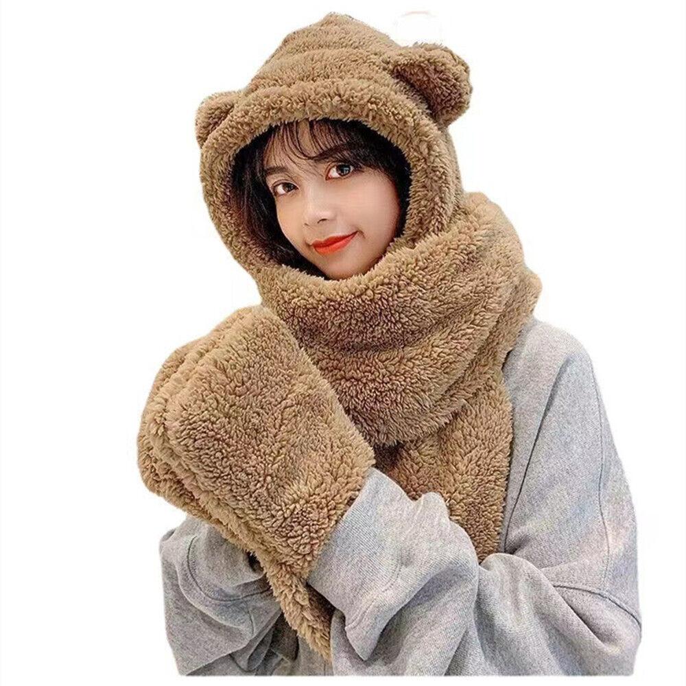 Womens Hat Scarf and Gloves Set - Cute Hat Scarf Gloves 3 In 1 Set Bear Ear Fleece Winter Warm Hooded Earflap Girl Clothing - Tophatter Daily Deals