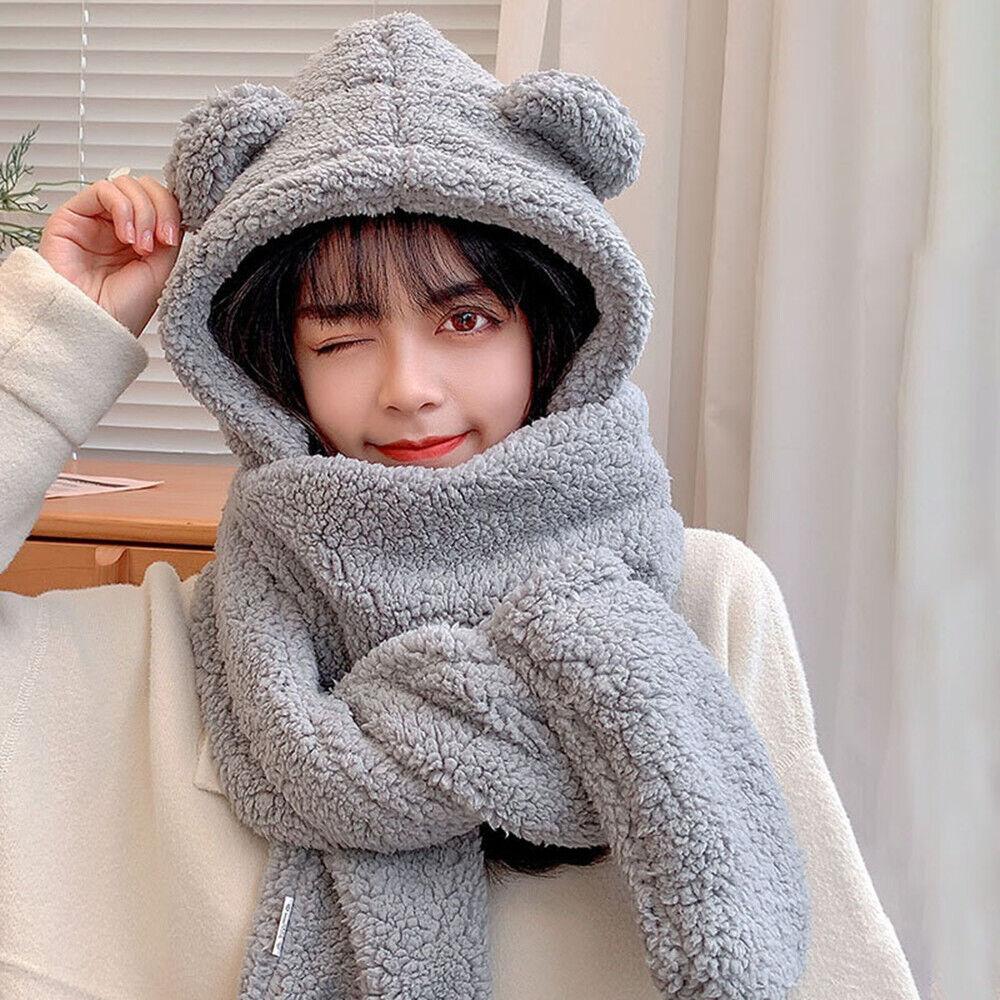 Womens Hat Scarf and Gloves Set - Cute Hat Scarf Gloves 3 In 1 Set Bear Ear Fleece Winter Warm Hooded Earflap Girl Clothing - Tophatter Daily Deals