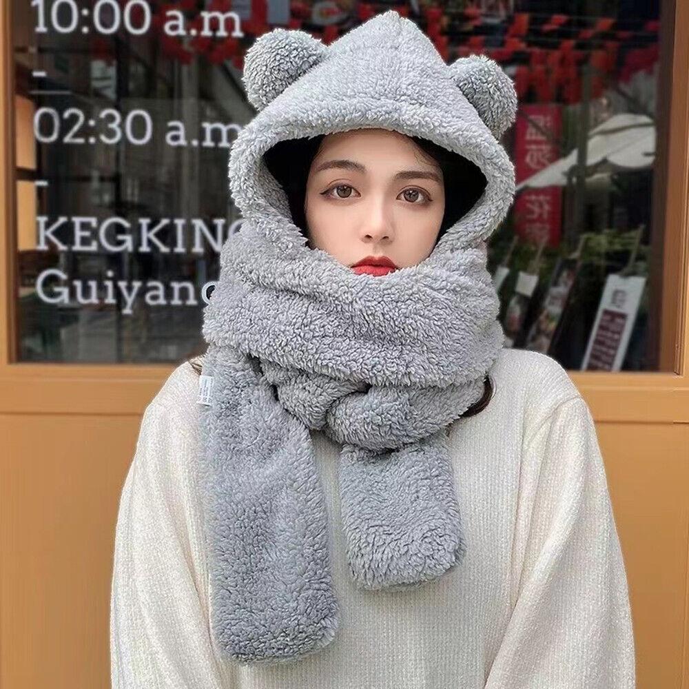 Womens Hat Scarf and Gloves Set - Cute Hat Scarf Gloves 3 In 1 Set Bear Ear Fleece Winter Warm Hooded Earflap Girl Clothing - Tophatter Daily Deals