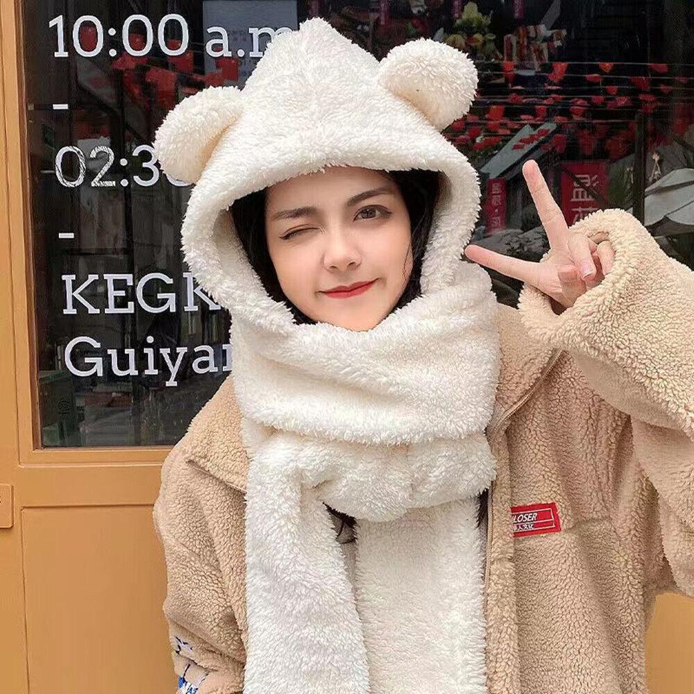 Womens Hat Scarf and Gloves Set - Cute Hat Scarf Gloves 3 In 1 Set Bear Ear Fleece Winter Warm Hooded Earflap Girl White Clothing - Tophatter Daily Deals