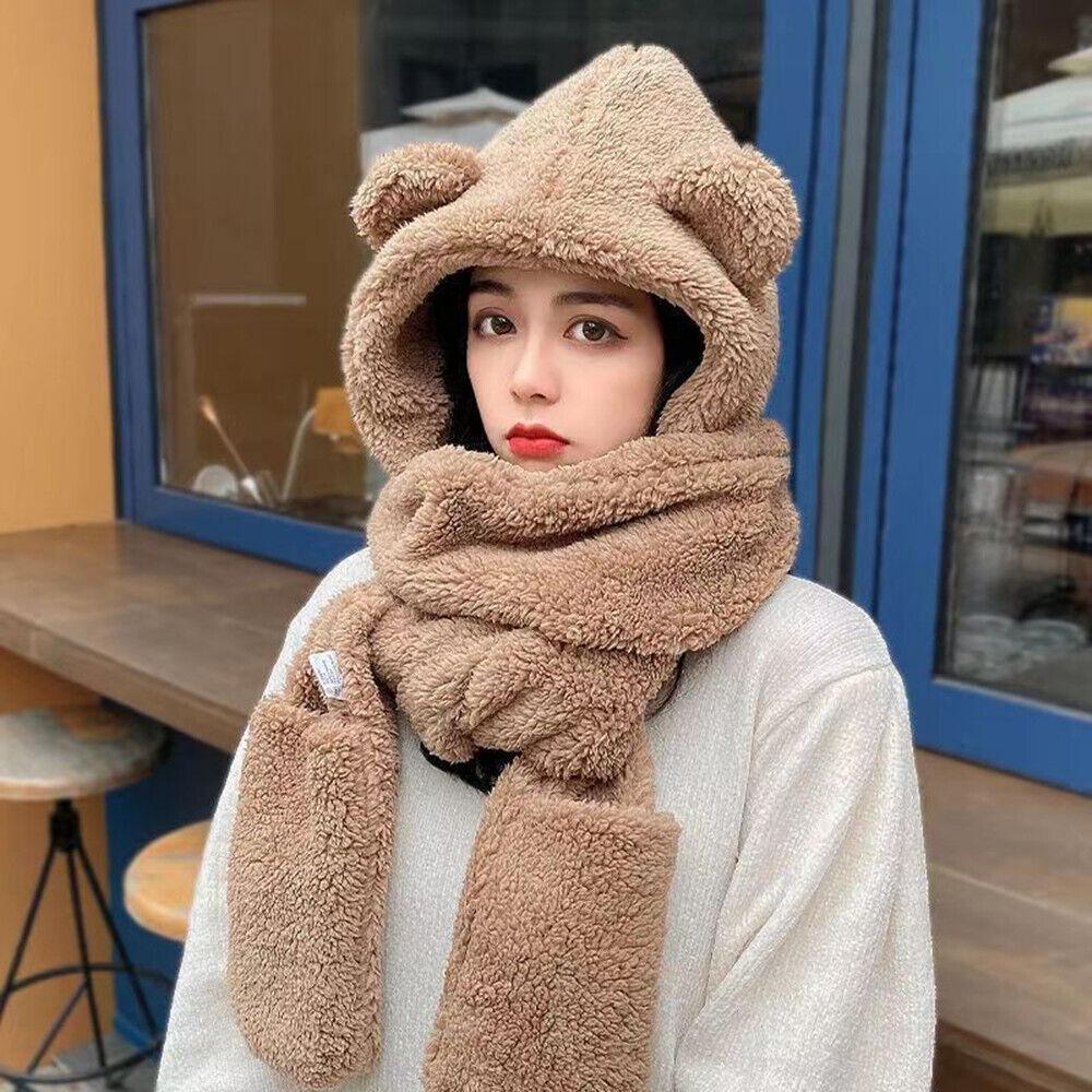 Womens Hat Scarf and Gloves Set - Cute Hat Scarf Gloves 3 In 1 Set Bear Ear Fleece Winter Warm Hooded Earflap Girl Brown Clothing - Tophatter Daily Deals