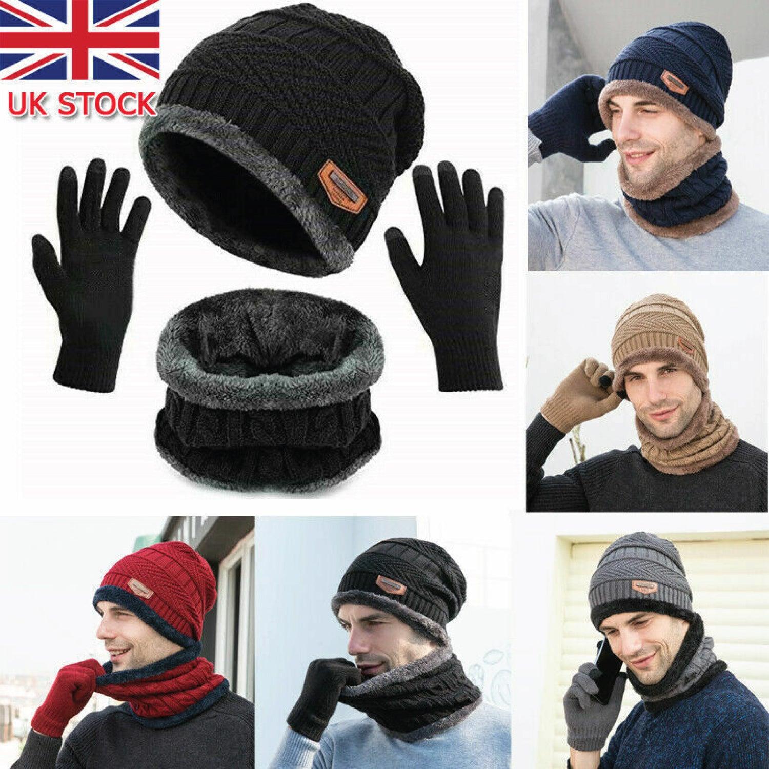 Hat Scarf and Gloves Set - 3pcs Mens Winter Thermal Beanie Knit Hat Glove Neck Scarf Set Men Ski Snow Caps Winter Warm - Tophatter Daily Deals