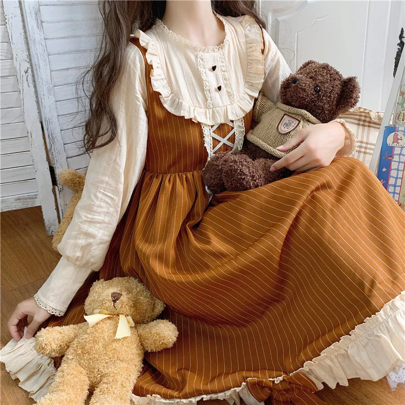 Japanese Autumn Kawaii Lolita Cosplay Dress Sweet Bow Full Sleeve Ruffles Brown Fruit - Tophatter Daily Deals