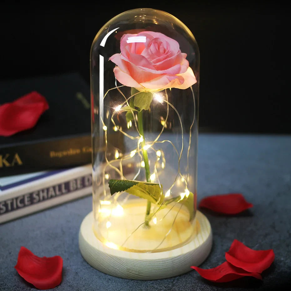 Beauty & The Beast Eternal Red Rose In Glass Dome with LED Lights Flowers - Tophatter Daily Deals