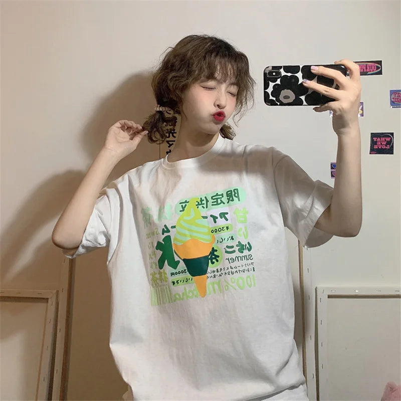 Harajuku Short Sleeve T-shirt Top Japanese Pastel Pink White Ice Cream Food - Tophatter Daily Deals