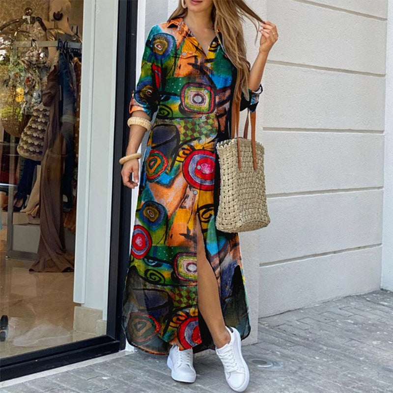 Summer Casual Cotton Linen Party Dress Fashion Long Sleeve Button Maxi Dresses Maxi Dresses - Tophatter Daily Deals