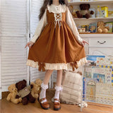 Japanese Autumn Kawaii Lolita Cosplay Dress Sweet Bow Full Sleeve Ruffles Brown Fruit - Tophatter Daily Deals