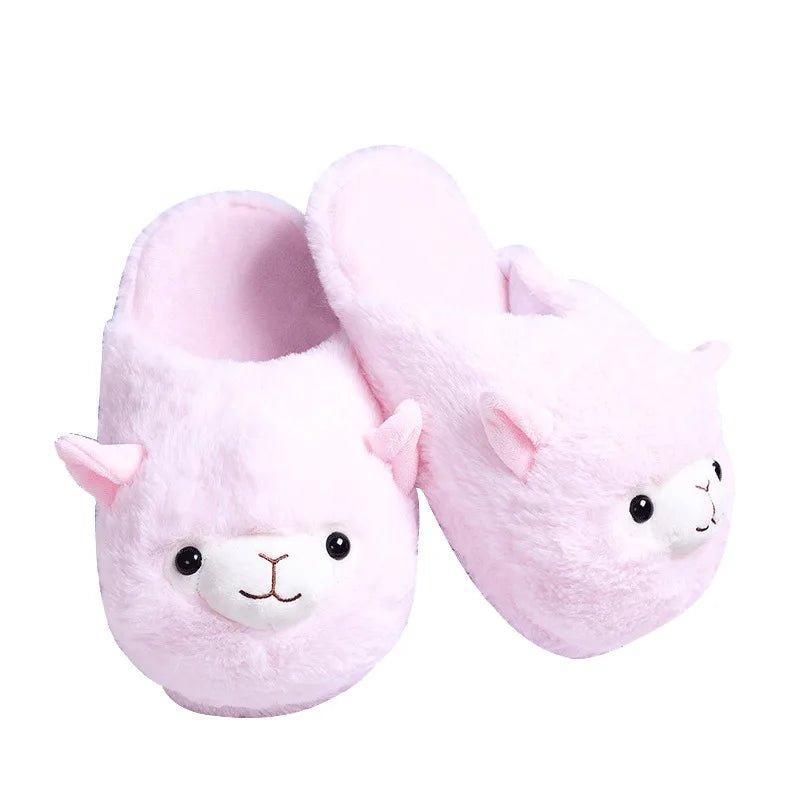 Fuzzy Slippers Plush Warm Shoes Cute Alpaca Cozy Home Slides Pink Brown Multicoloured Animals - Tophatter Daily Deals