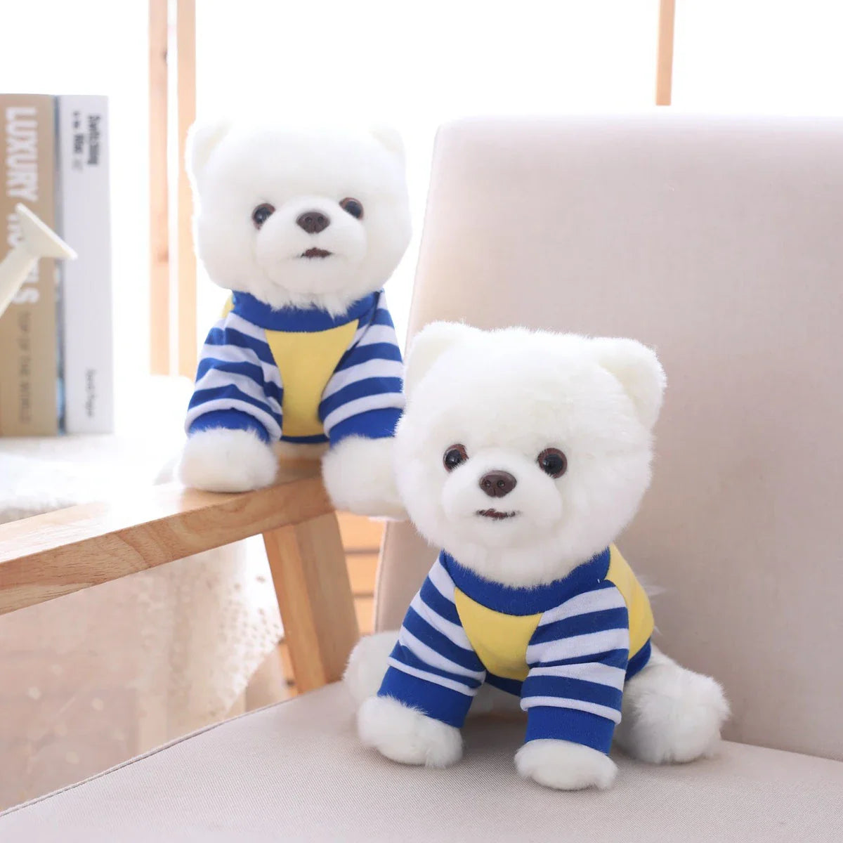White Pomeranian Dog Puppy Wearing Jumper Sweater Plush Blue Yellow Animals - Tophatter Daily Deals