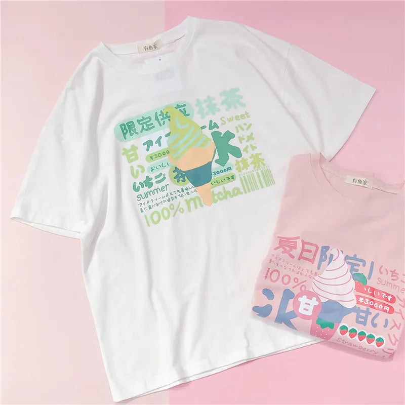 Harajuku Short Sleeve T-shirt Top Japanese Pastel Pink White Ice Cream Food - Tophatter Daily Deals