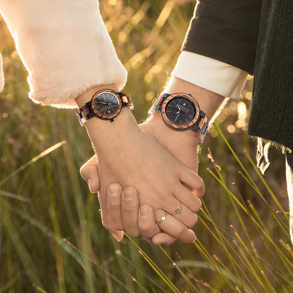 Wooden Couple Watches Handmade Quartz Date Unisex Display - Tophatter Daily Deals