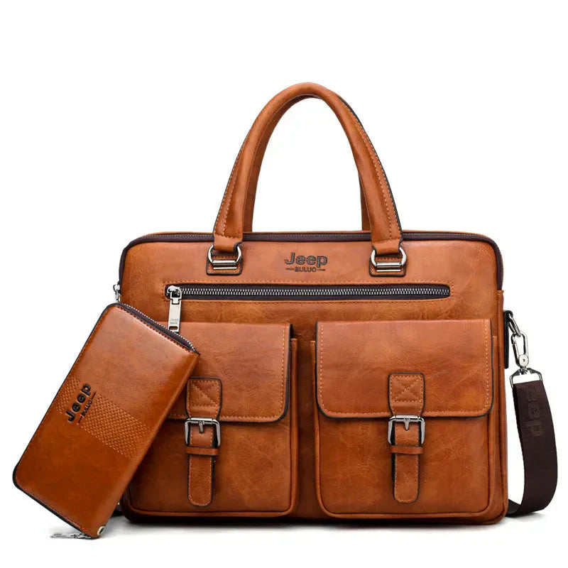 Men's Split Leather Business Briefcase Bag Set (Orange 8006-8888) Luggage & Bags > Briefcases - Tophatter Daily Deals