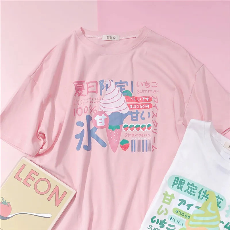 Harajuku Short Sleeve T-shirt Top Japanese Pastel Pink White Ice Cream Food - Tophatter Daily Deals