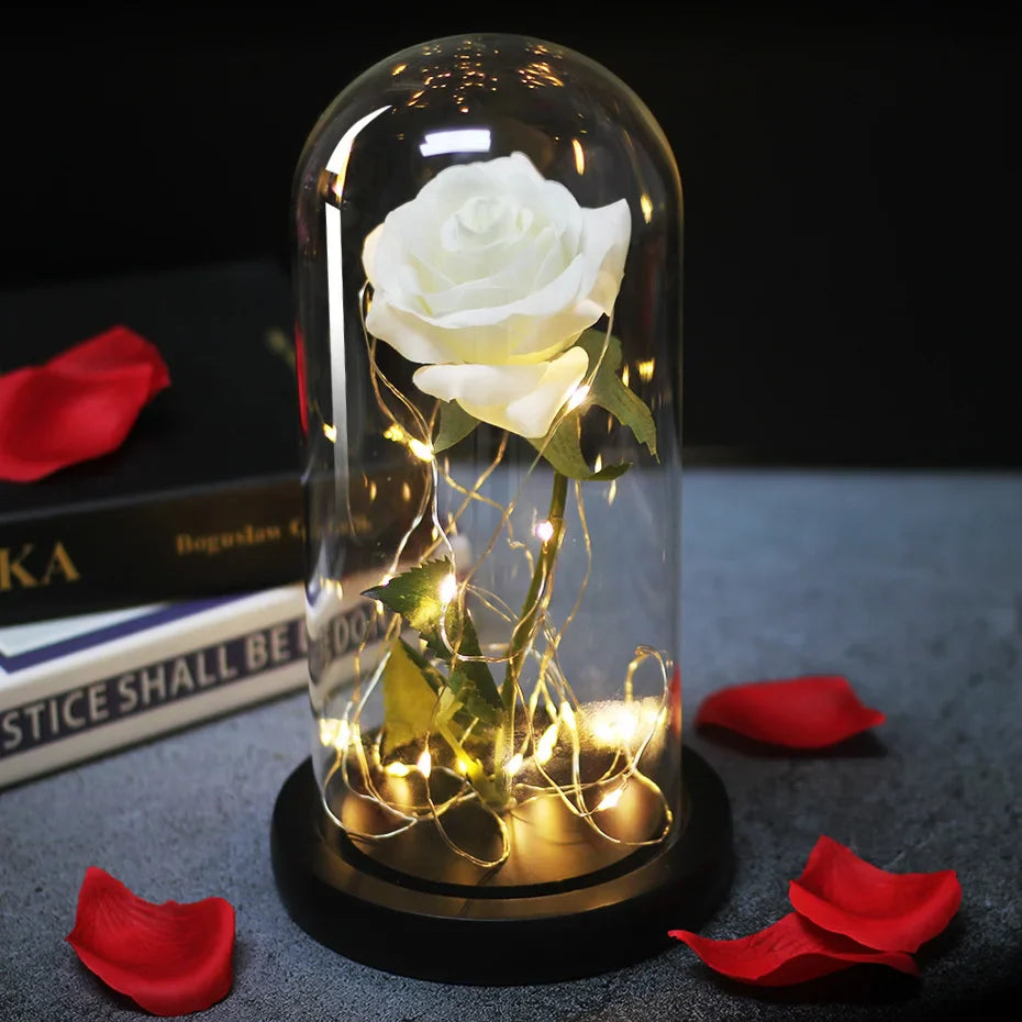 Beauty & The Beast Eternal Red Rose In Glass Dome with LED Lights Flowers - Tophatter Daily Deals