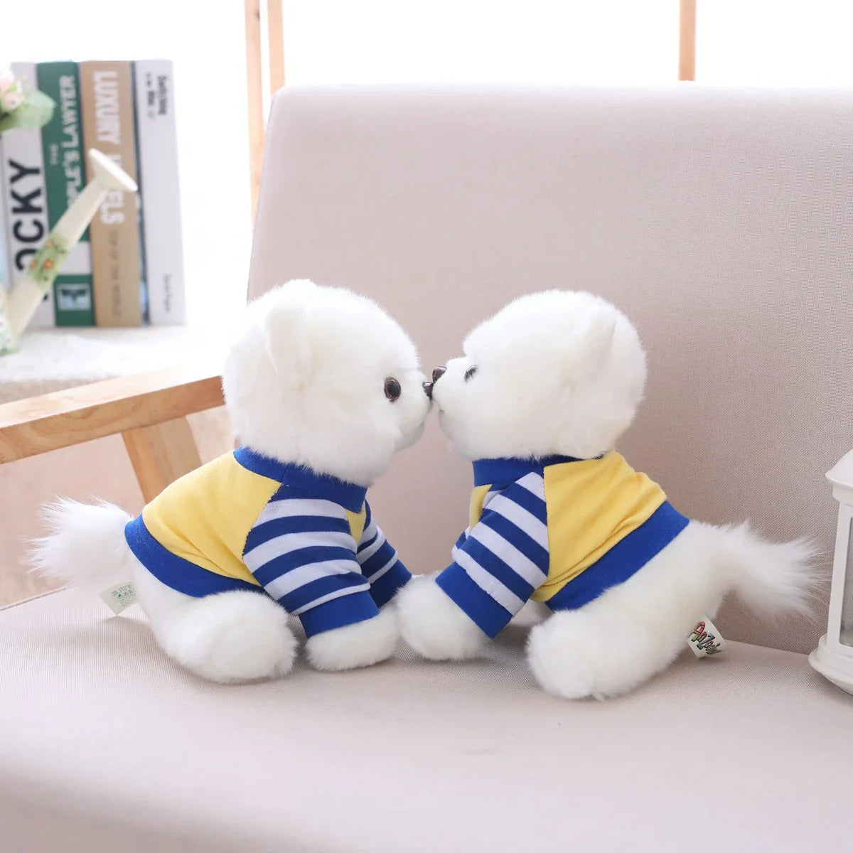 White Pomeranian Dog Puppy Wearing Jumper Sweater Plush Blue Yellow Animals - Tophatter Daily Deals