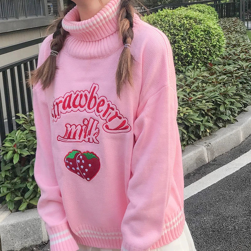 Strawberry Milk Embroidered Sweater Pink White Loose Turtleneck Jumper Top Harajuku Pink One Size Fits Most Food - Tophatter Daily Deals