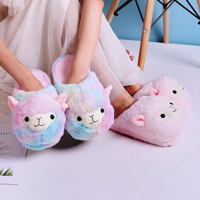 Fuzzy Slippers Plush Warm Shoes Cute Alpaca Cozy Home Slides Pink Brown Multicoloured Animals - Tophatter Daily Deals