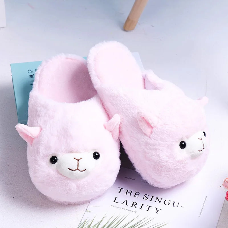 Fuzzy Slippers Plush Warm Shoes Cute Alpaca Cozy Home Slides Pink Brown Multicoloured Animals - Tophatter Daily Deals